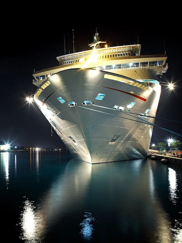 Nighttime image of a cruise ship docked in port.